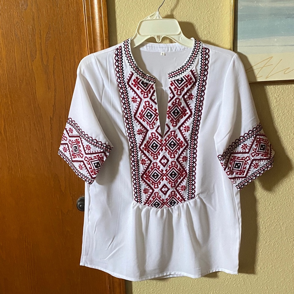 Bohemian White and Red Embroidered Blouse
